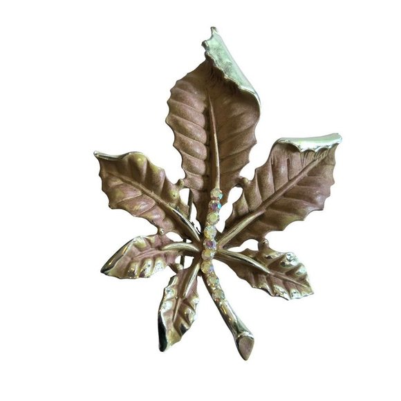 Vintage Signed BSK Goldtone Leaf Brown Painted Rhinestone Detail 2 3/4" - Picture 1 of 5